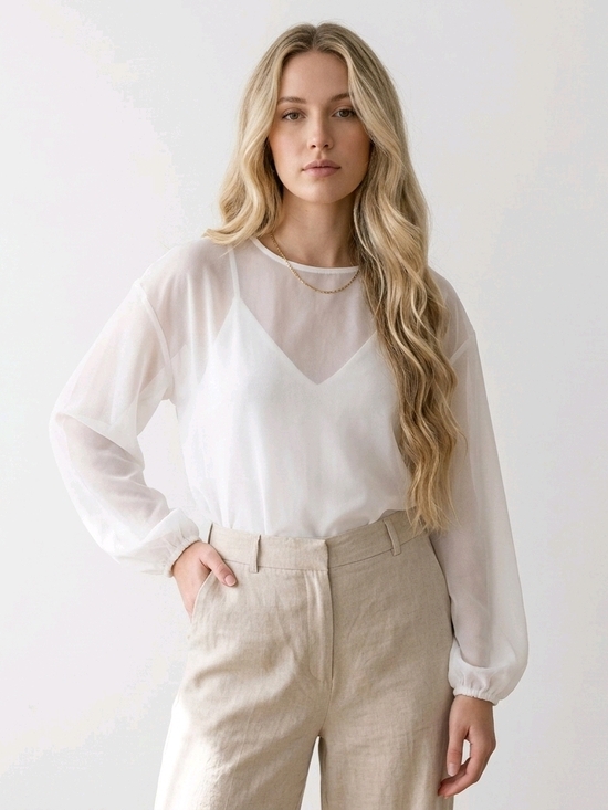 Wilfred Tops - Wilfred (Aritzia) Sheer Overlay Long Sleeve Bodysuit – White – Size M